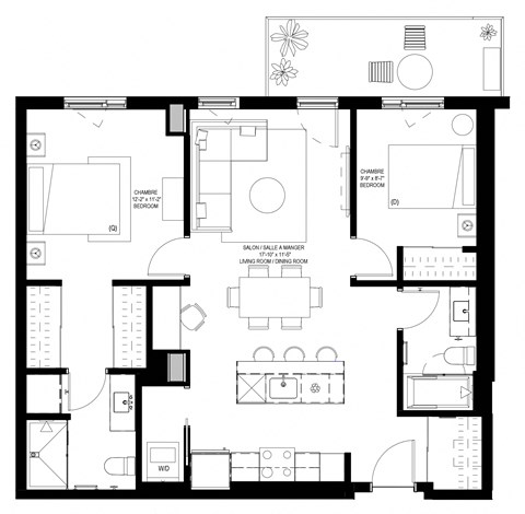 Floor plan for 2 beds, 2 baths, 925 sqft